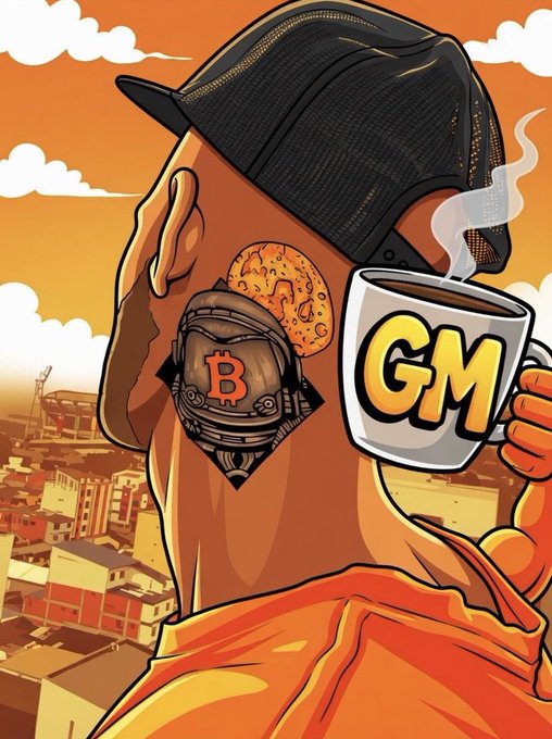 Illustrated cartoon of a man wearing a black cap backwards, holding a coffee mug labeled 'GM', with a Bitcoin astronaut tattoo and favela background under an orange sky.