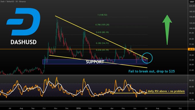 The image is a technical analysis chart of DASH/USD on a 1-day timeframe from Binance, showing a falling wedge pattern with Fibonacci levels (1.486, 0.786/105.28, 0.618/80.19, 0.382/54.71, 0.236/43.19) and a key support zone around $34, accompanied by an RSI indicator noting "daily RSI above - no problem." A green upward arrow and annotations reinforce the post's bullish outlook, suggesting a breakout above the wedge could send DASH toward $48 and beyond, with a potential drop to $25 if the support fails to hold.