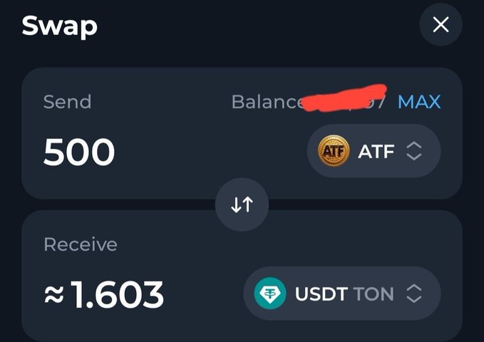 A cryptocurrency swap interface showing 500 ATF being sent to receive approximately 1.603 USDT on the TON network, with the balance redacted.