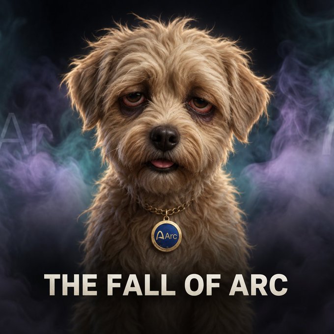 A digital illustration of a scruffy light-brown dog wearing an "AArc" pendant, surrounded by purple smoke, with the bold text "THE FALL OF ARC" displayed at the bottom.