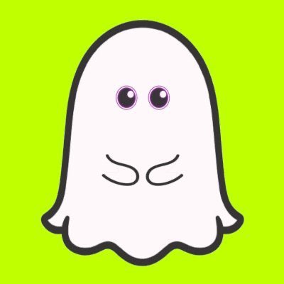 A cartoon illustration of a white ghost with purple eyes and a wavy mouth on a bright green background, resembling a stylized emoji or app icon.