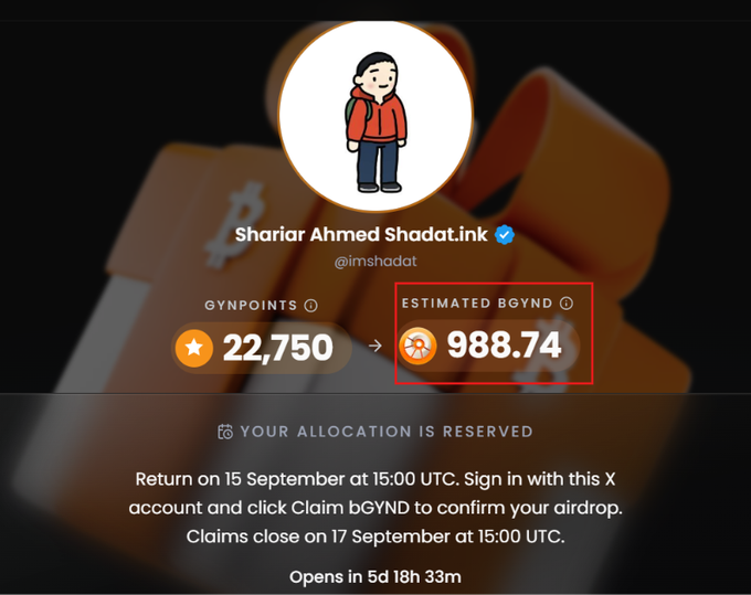 A screenshot of a Gyndore airdrop claim page showing user "Shariar Ahmed Shadat.ink (@imshadat)" with 22,750 Gynpoints and an estimated 988.74 bGYND allocation, noting that claims open on September 17 with a countdown of 5 days 18 hours 33 minutes.