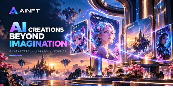 A promotional banner for AINFT with the text 'AI CREATIONS BEYOND IMAGINATION', displaying floating character cards and fantasy worlds.