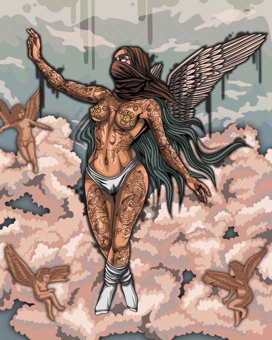 This artwork is a stylized digital illustration titled "Heavenly Warrior," by artist LOYO, part of a limited edition release on the Objkt.com platform, an NFT marketplace. The image likely represents the digital collectible in question, characterized by its fusion of traditional religious iconography with contemporary artistic elements.