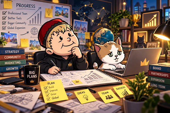 An illustrated cartoon scene depicts a person in a red beanie planning at a desk with a cat, surrounded by notes reading "PROGRESS", "STRATEGY", "BIG PLANS", "PLAN", "IDEAS", "TEAM", and "SUCCESS".