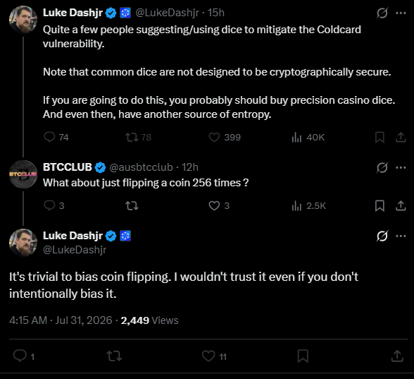 This image shows a Twitter conversation where Luke Dashjr discusses using "precision casino dice" to mitigate a Coldcard vulnerability and suggests that coin flipping is too easily biased. The post's text "precision casino dice" directly relates to this topic.