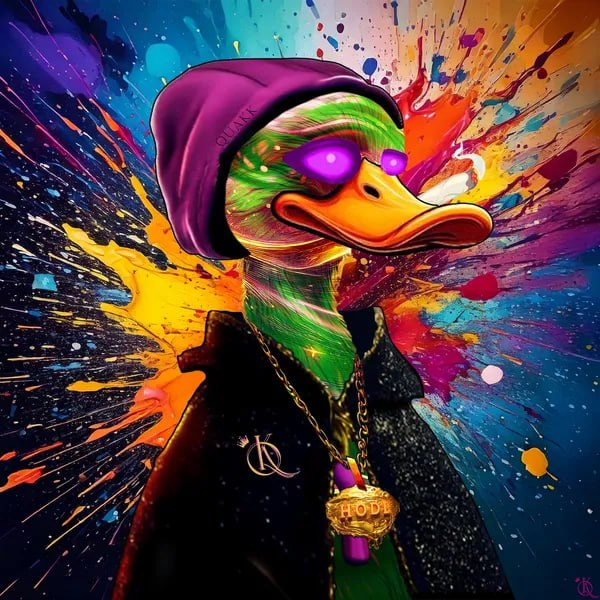 A vibrant digital illustration of a green duck wearing a purple beanie labeled 'QUACK', purple sunglasses, a black jacket with a gold chain, and a 'HODL' medallion, set against a colorful paint-splatter background.