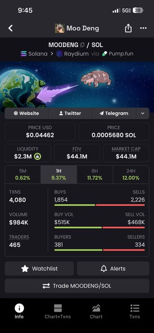 A trading app screenshot shows MOODENG/SOL priced at $0.04462 (0.0005680 SOL) with notable 1-hour gains of 9.37% and 1-hour volume of $984K, alongside a 24-hour increase of 12.00%, visually supporting the post's claim of a volume spike and potential "hippo season" rally.