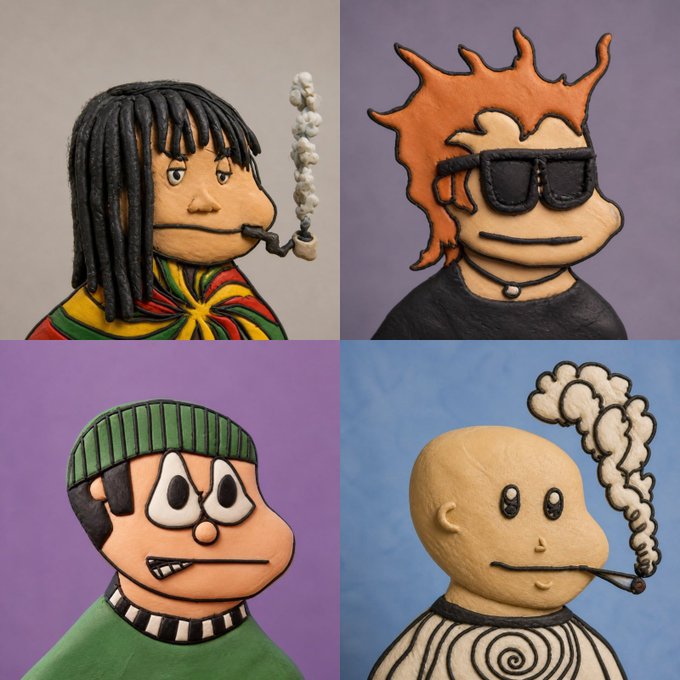 A 2x2 collage shows four clay sculptures of stylized cartoon characters, including figures with dreadlocks smoking, sunglasses, and a beanie, each depicted against solid colored backgrounds.