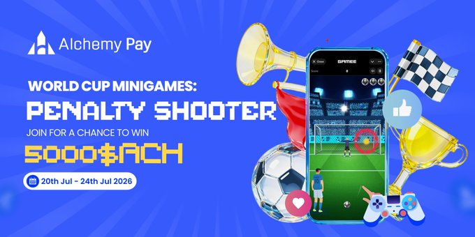 A promotional banner for Alchemy Pay's "World Cup Minigames: Penalty Shooter" event, running from 20th–24th July 2026, where players can compete to win a share of 5000 $ACH in prize money. The graphic features a smartphone displaying the penalty shootout game alongside World Cup-themed imagery like a trophy, soccer ball, and game controller, tying into the accompanying Telegram giveaway announcement.
