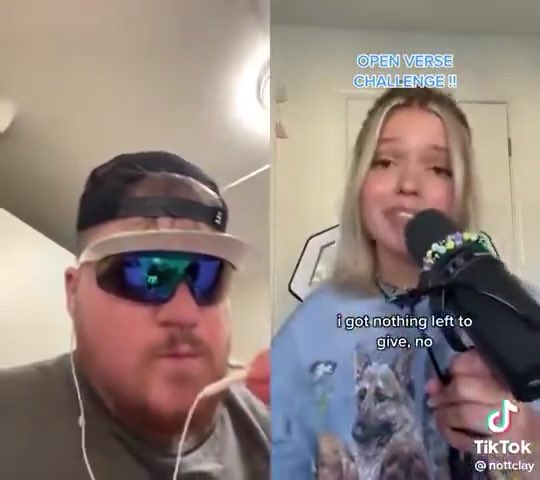 The image shows a TikTok split-screen featuring a man in a visor and sunglasses on the left, and a blonde woman singing "i got nothing left to give, no" into a microphone on the right, with "OPEN VERSE CHALLENGE !!" displayed at the top and the handle @nottclay visible.

The caption "I'm not a crypto boy, I'm a crypto MAN" humorously plays on the man's confident appearance contrasted with the dramatic, defeated lyrics being sung, jokingly equating his crypto enthusiasm to an all-consuming passion.