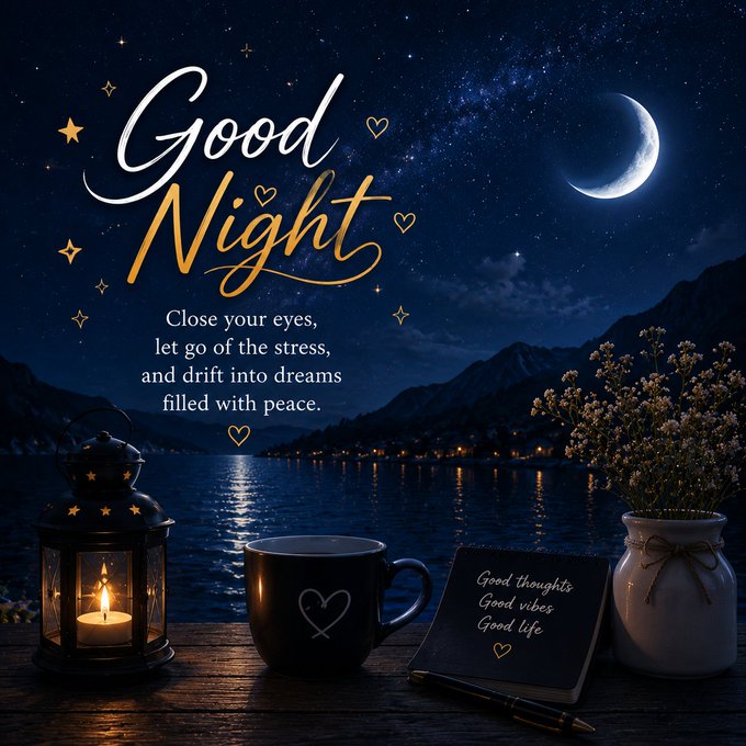 The image features a night scene of a beautiful lake, mountains, and stars. There are two cups of coffee placed next to each other with a note attached that reads "Good night" written in cursive font. A candle can be seen on one side of the photo, and there is also a book present near the bottom right corner of the image. The overall atmosphere suggests a peaceful evening spent by the water under the stars.