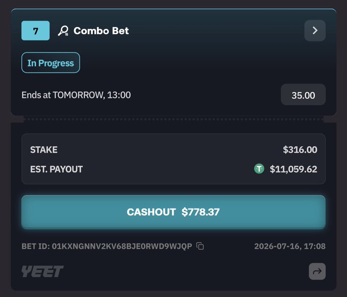A screenshot of a YEET sportsbook bet slip showing a 7-leg Tennis Combo Bet with a $316 stake, a potential payout of $11,059.62, and a $778.37 cashout option—matching the user's "All in on a 35x Tennis Parlay" post where they wagered their weekly winnings chasing a $10k payout.
