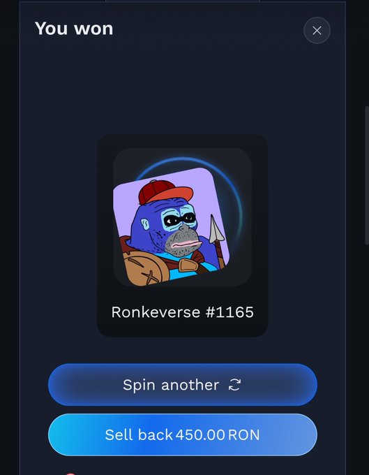 A mobile game screen displays a "You won" notification for NFT #1165 from the Ronkeverse collection, featuring a cartoon character with a red cap, spear, and shield, alongside options to "Spin another" or "Sell back 450.00 RON." This matches the user's celebration of winning a new Ronkeverse NFT via the Ronke Quest gacha feature.