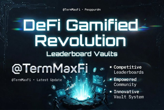 The image features a poster for a platform called @TermMaxFi, which combines elements of both decentralized finance (DeFi) and game design principles. The poster highlights the intersection of these two fields by showcasing a blue crystal ball surrounded by various symbols representing different aspects of DeFi and gaming. The text on the poster emphasizes the innovative nature of this platform and its potential to revolutionize how people interact with cryptocurrencies and digital assets, as well as the competitive advantage it offers in terms of user experience and engagement.