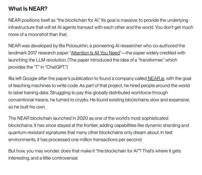 An article titled 'What Is NEAR?' explaining that NEAR positions itself as 'the blockchain for AI,' developed by Illia Polosukhin (co-author of the 'Attention Is All You Need' paper), with the NEAR blockchain launching in 2020.