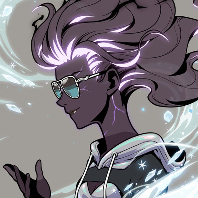 An anime-style illustration of a character with flowing purple hair, sunglasses, and a hoodie surrounded by magical sparkles and glowing effects.