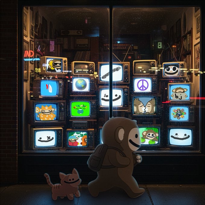 Anime-style digital artwork of a monkey character wearing a backpack walking past a storefront window displaying various internet meme faces on old televisions, accompanied by a cat.