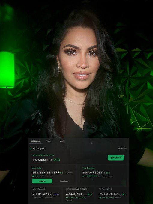 A woman with long dark hair poses against a green-lit geometric background, with a crypto dashboard overlay showing BC Engine earnings of 55.5884685 BCD unclaimed, stakes of 365.864884177 BC, and earnings of 605.0750551 BCD.