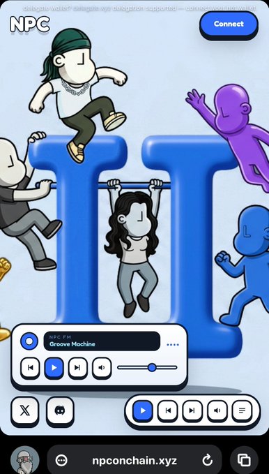 A promotional graphic for NPC FM's "Groove Machine" podcast features cartoon figures lounging and exercising on large blue letters spelling "NPC," with the website "npconchain.xyz" and a "Connect" button at the top. The playful "Season 2 of doing nothing" tagline aligns with the laid-back, aimless vibe of the animated characters, suggesting a humorous take on idleness as the theme of the new season.