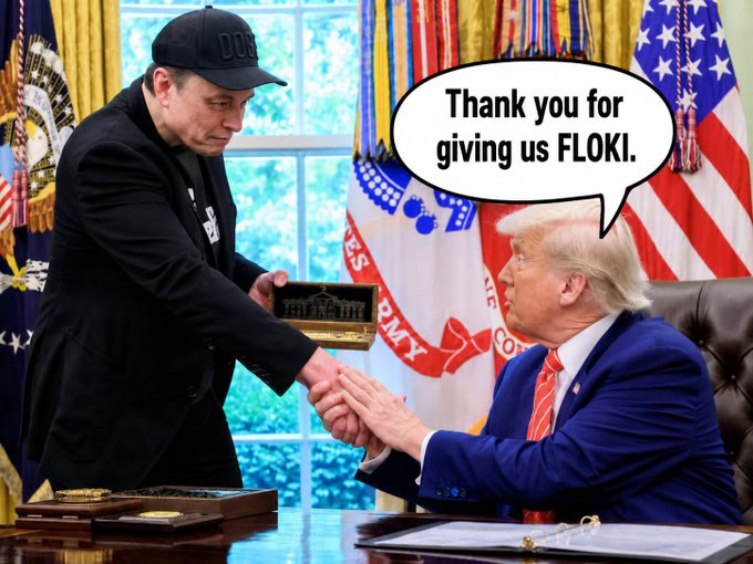 A photoshopped image showing Elon Musk handing a gift box to Donald Trump in the Oval Office, with Trump saying 'Thank you for giving us FLOKI' in a speech bubble.