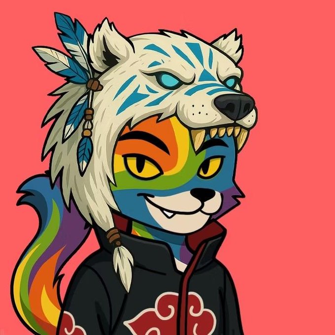 An illustration of an anthropomorphic cat character wearing a white wolf headdress with blue tribal markings, a rainbow-painted face, and a black cloak with red cloud patterns on a red background.