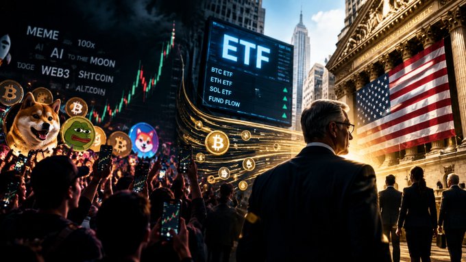 A composite image depicting cryptocurrency and financial themes, showing a man in a suit viewing an ETF screen with options like BTC ETF, ETH ETF, SOL ETF, and FUND FLOW, alongside crowds holding phone lights, meme coins including Doge, and the New York Stock Exchange with an American flag.