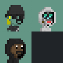 Three pixel-art characters—a hooded figure, a white-helmeted astronaut-like character, and a bearded character in dark clothing—stand against a teal background, serving as avatars or profile images associated with an NFT trade tracked on Sweepr, where a buyer spent 0.2825 ETH ($511.75) on three items.