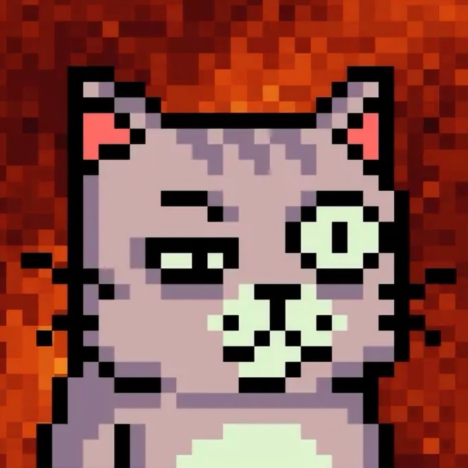 Pixel art portrait of a purple-grey cat with large green eyes against a red-orange blocky background.