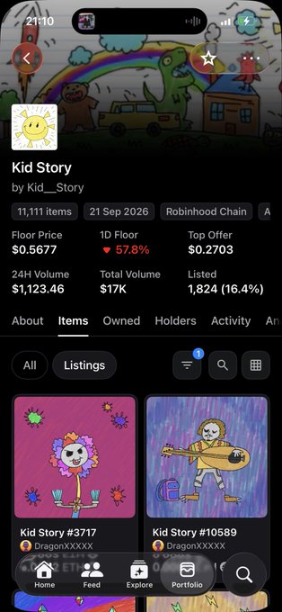 A mobile app screenshot for 'Kid Story' by Kid_Story on the Robinhood Chain displays 11,111 items, a floor price of $0.5677, 24H Volume of $1,123.46, and shows NFT listings including 'Kid Story #3717' and 'Kid Story #10589' featuring children's drawings.