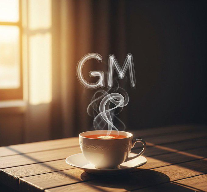 A steaming cup of tea rests on a sunlit wooden table, with the letters "GM" curling into the air as part of the rising steam. The warm, morning-lit scene ties into the "Gm Griver" greeting, symbolizing a fresh start to accumulating River Points and staking $RIVER for an impressive 62% APR.
