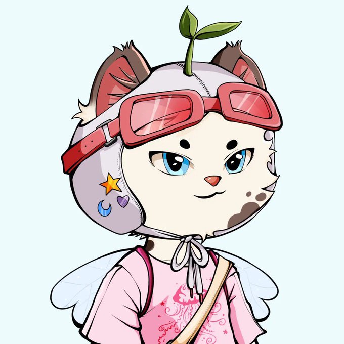 A cute anthropomorphic cat character with a plant sprout on its head, pink goggles, and a pink hoodie, featuring a partially visible text fragment "JOIN THE SQUAD" on the shirt. The whimsical avatar aligns with the playful NFT giveaway theme, with the character's charming design likely serving as profile art for HoodMortalsNFT collection promotion.