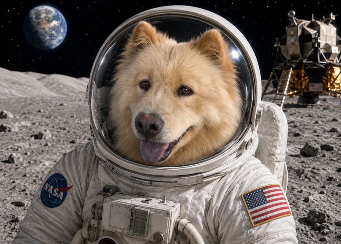A golden retriever named "Buddy" wearing a NASA spacesuit with the American flag patch stands on the lunar surface, with Earth visible in the background and a lunar lander in the distance, suggesting the post is hyping the dog as a viral astronaut sensation worth millions.