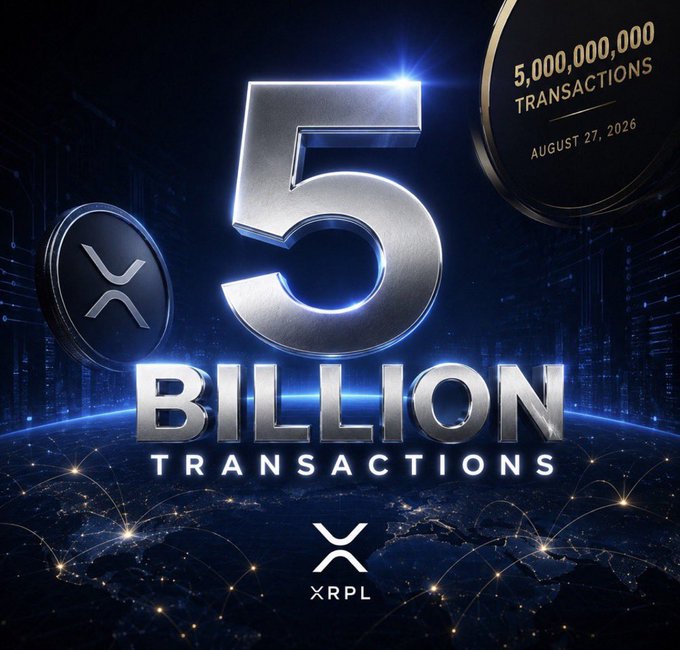 A promotional graphic for XRP cryptocurrency celebrating '5 BILLION TRANSACTIONS' with a date of August 27, 2026, featuring the XRPL logo.