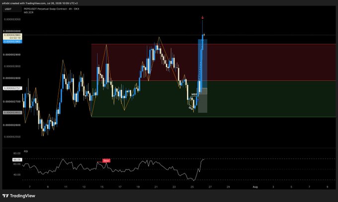 A TradingView 4-hour chart of PEPE/USDT Perpetual Swap Contract on OKX with RSI indicator showing the price spike around July 28, 2026.