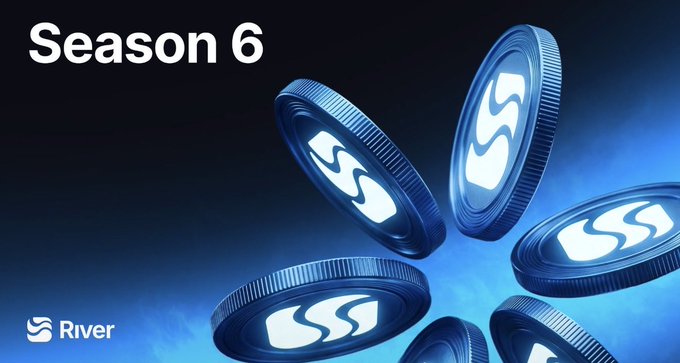 The image showcases "Season 6" alongside the River logo, with multiple metallic coins featuring the "S" satUSD emblem tumbling through a dark blue, atmospheric background. This visual aligns with the post's emphasis on River's satUSD ecosystem, symbolizing the flowing movement of collateral, liquidity, and yield within their DeFi platform where capital efficiency drives community participation.
