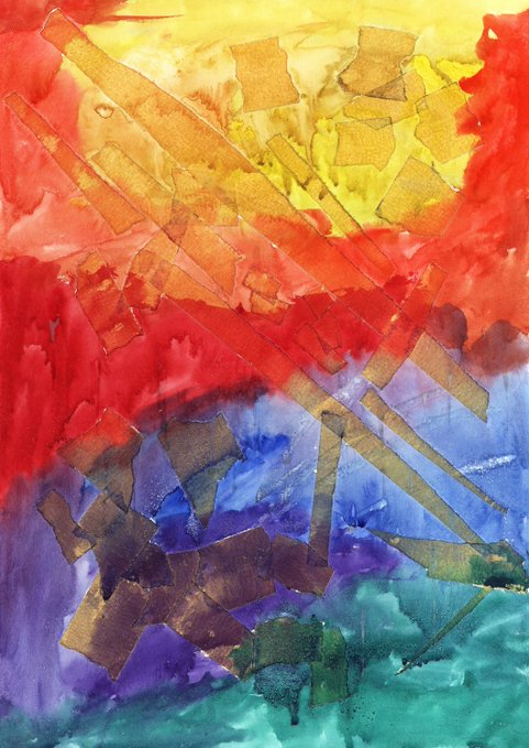 An abstract watercolor painting featuring a gradient from red and yellow at the top to blue, purple, and teal at the bottom, overlaid with geometric metallic gold shapes.