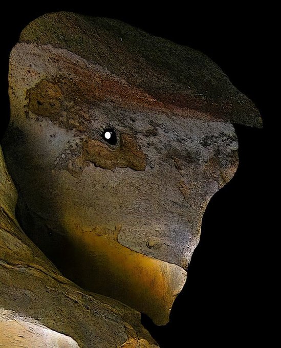 A close-up of a weathered, textured stone sculpture resembling a creature's head with a visible eye and a beak-like protrusion, illuminated against a black background.