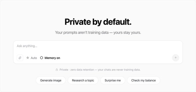 The image displays a screenshot of a web browser's private by default page. It shows an open tab with a blank screen that reads "Private by defect. Your prompts aren't training your data -- stay yours," accompanied by three different buttons. The text on the screen suggests that users should ask permission before sharing their data, and it refers to a research topic called "General information." This privacy message seems relevant to someone who has been affected by a data breach or is concerned about online privacy issues.
