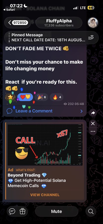 The image shows a Telegram channel called "FluffyAlpha" with 17,336 subscribers featuring a pinned message about an upcoming call on August 18th, along with promotional content advertising "Beyond Trading" for Solana memecoin calls with a claimed x67 return. The accompanying post references a Solana wallet address (BakyXRTtW2cdivHrqoENQhSfaMjGLRgDudV8QSBGcKNf), likely suggesting a tip or payment to the channel for their crypto trading signals.