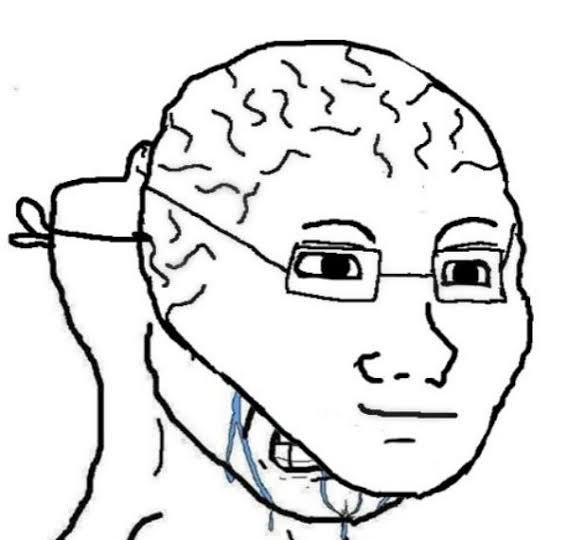 This meme depicts a character with a comically large, brain-like head wearing glasses and crying, representing the author's perceived hypocrisy of crypto enthusiasts touting decentralization while seemingly embracing stock market integration.