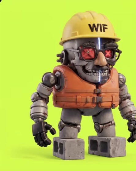 A 3D-rendered robot character with a skull face, red glowing eyes, an orange life vest, and a yellow hard hat labeled 'WIF' against a lime green background.