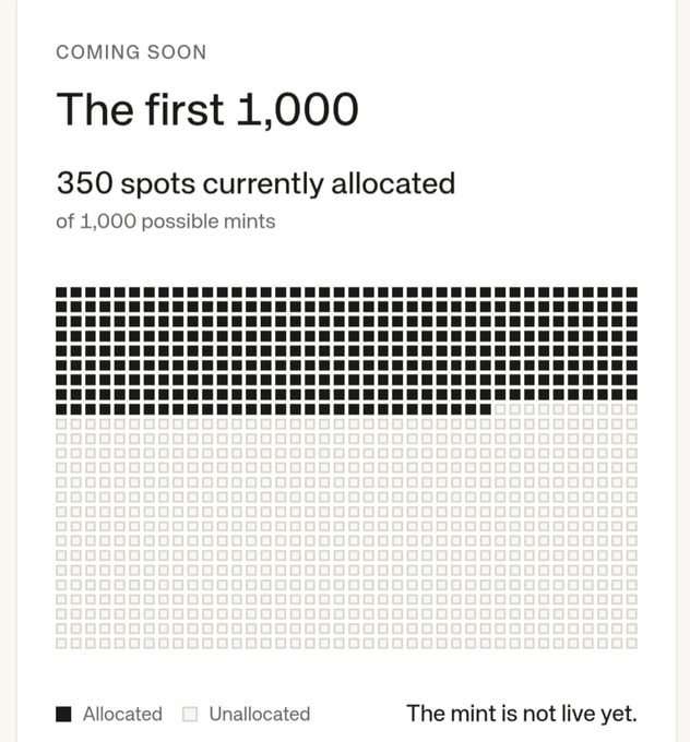 Coming soon promotional graphic titled 'The first 1,000' showing 350 spots currently allocated out of 1,000 possible mints, displayed as a grid of filled black and unfilled squares.