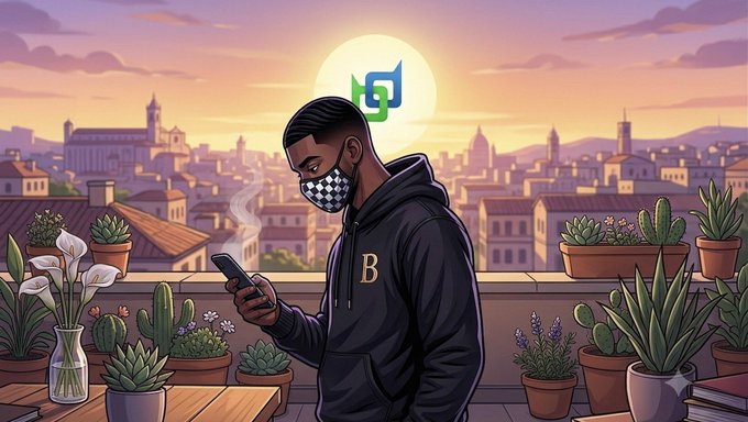 An illustration shows a young man wearing a face mask and a black hoodie with the letter 'B', looking at his phone on a rooftop terrace with a city skyline and plants, with a green and blue logo above him.