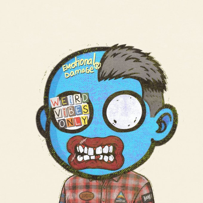 A stylized, illustrative portrait of a blue-skinned character with a single large eye, a wide mouth showing clenched teeth, and patches reading 'Emotional Damage®' and 'WEIRD VIBES ONLY' on the forehead, wearing a plaid shirt with patches.