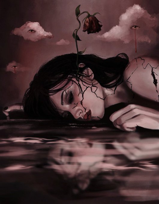 A dark, surreal digital illustration of a cracked porcelain-like woman lying in water with a wilted rose growing from her head, beneath a red sky with crying eyes in the clouds.