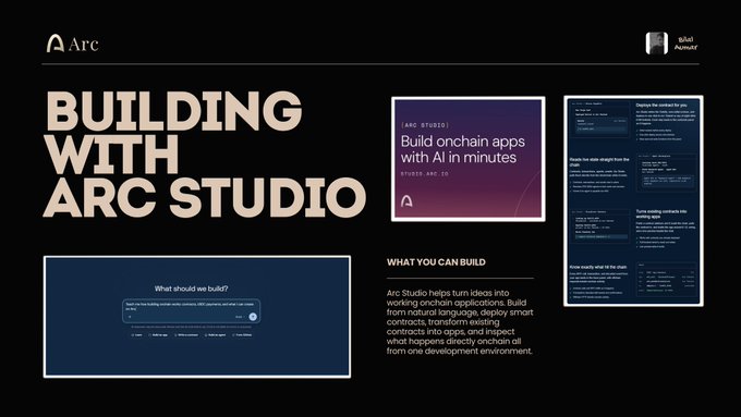 A promotional graphic with the title 'BUILDING WITH ARC STUDIO' alongside Arc and Asterix logos, featuring screenshots and the description 'Build onchain apps with AI in minutes'.