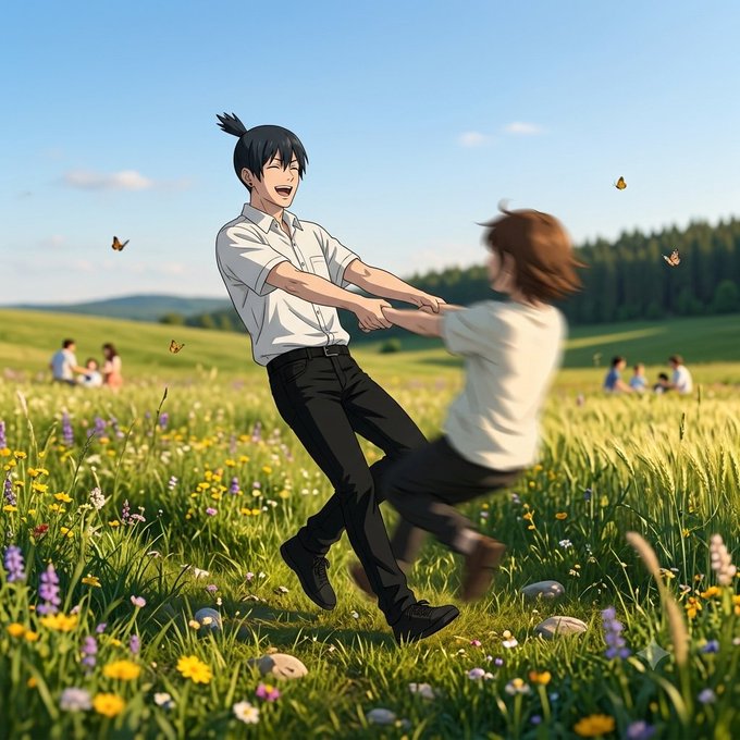 An anime-style illustration shows two characters joyfully dancing and spinning in a vibrant green meadow filled with wildflowers under a blue sky, with butterflies fluttering around them.