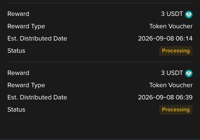 Two reward records each show “3 USDT,” “Token Voucher,” estimated distribution dates in September 2026, and a “Processing” status.