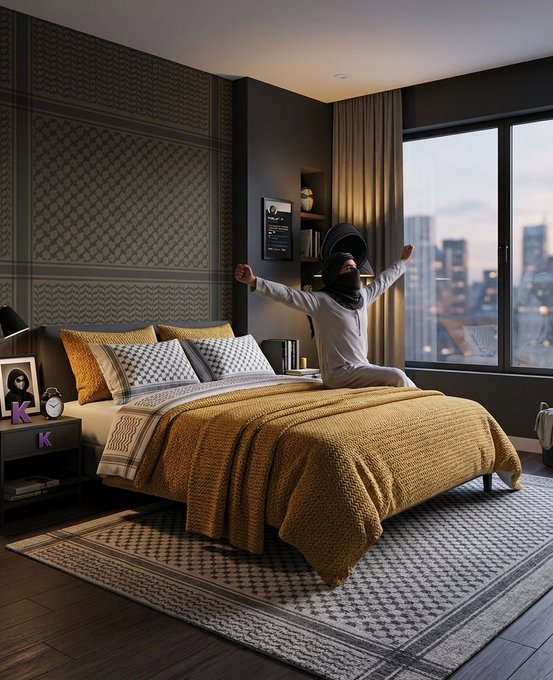 An AI-generated or stylized image of a bedroom interior where a person wearing a hijab sits on a bed with their arms raised in joy, featuring gold-toned bedding, patterned wallpaper, and a city skyline visible through a large window.